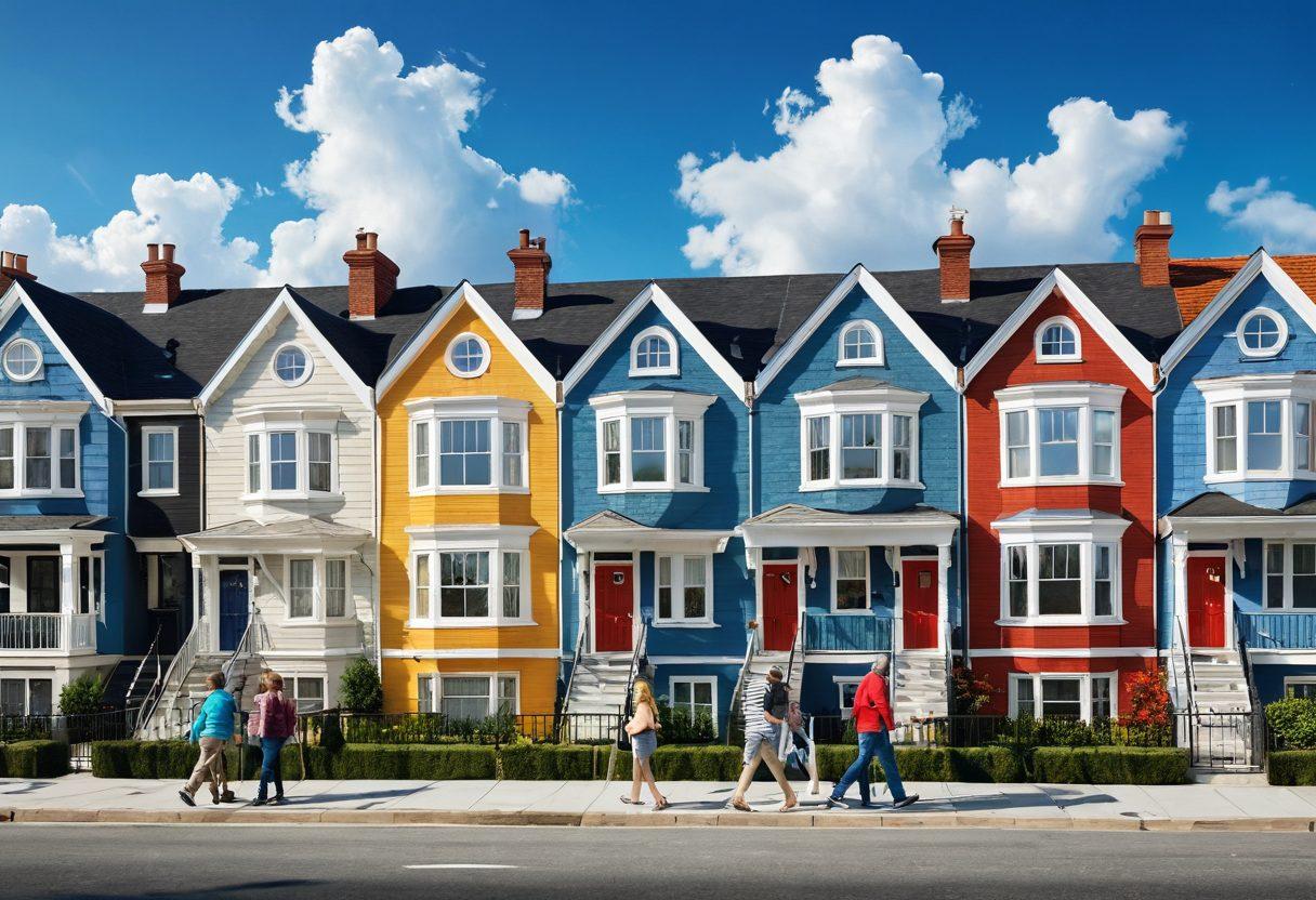 A dynamic cityscape showing diverse houses and apartments, reflecting various architectural styles under a blue sky. A confident family is seen happily exploring a 'For Sale' sign in front of their dream home, symbolizing success in the real estate market. Include elements like a bustling street with people and parked cars, conveying a competitive atmosphere. super-realistic. vibrant colors. 3D.