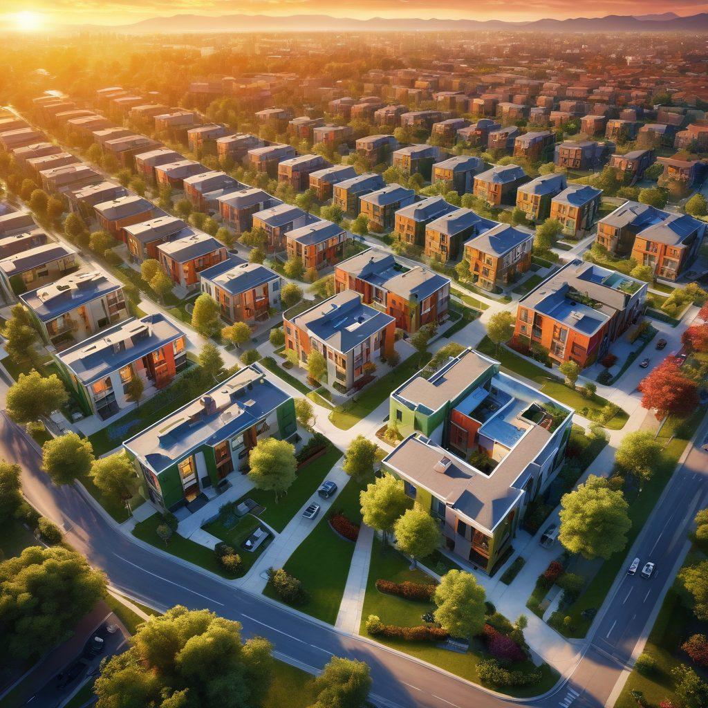 An aerial view of a diverse urban landscape showcasing various properties like modern apartments, cozy bungalows, and green parks. Include a thoughtful person with a map, analyzing options with a notepad in hand. The horizon should feature a sunset casting a warm glow, symbolizing opportunity. Use vibrant colors to convey optimism and a sense of adventure. super-realistic. vibrant colors. 3D.