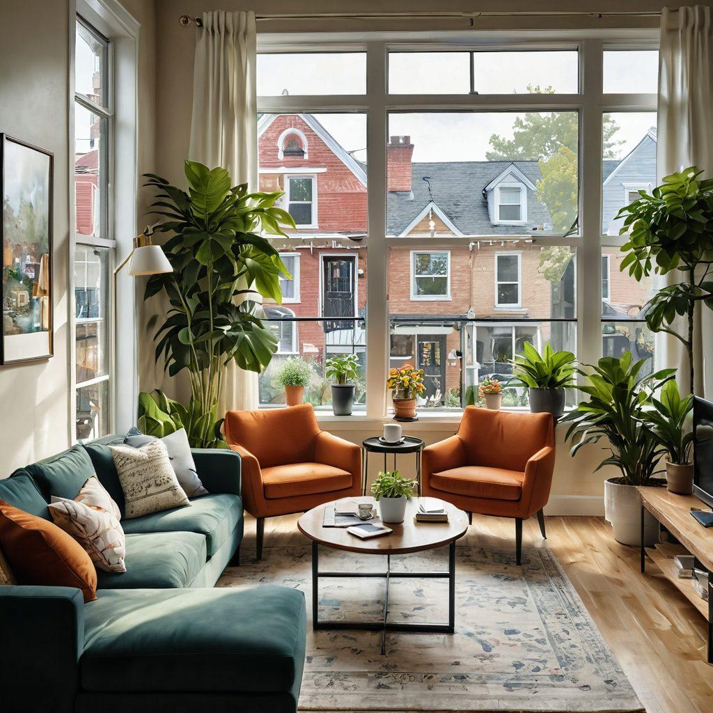 A welcoming living room with a cozy ambiance, featuring a happy couple looking at house listings on a laptop, surrounded by houseplants and coffee cups. A large window shows a neighborhood view symbolizing opportunity and growth. Important keywords like 'success' and 'tips' artistically integrated in the decor. super-realistic. vibrant colors.